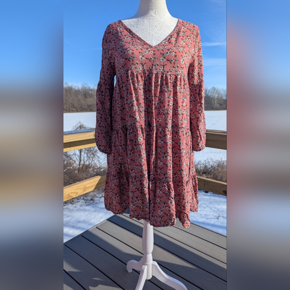 Natural Life Pink Floral Boho Babydoll Dress Medium